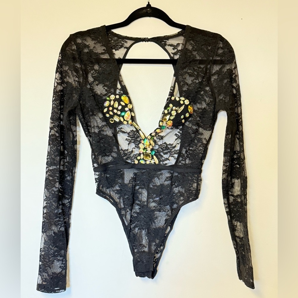 Whimsygoth Romantic Lace & Rhinestones Bodysuit Celestial Embellish Valentine